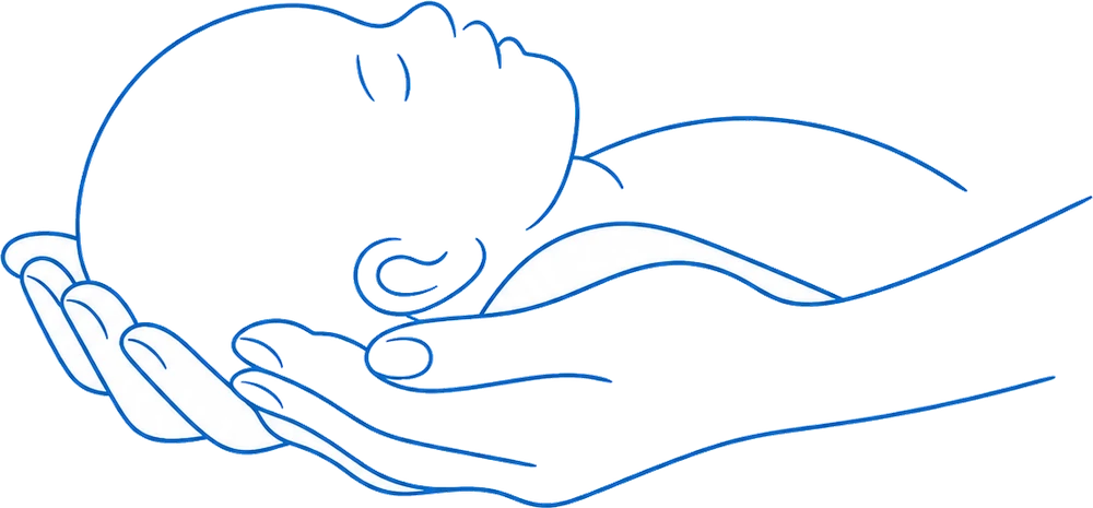 Ilustração de duas mãos em concha sustentando a cabeça de um bebê recém-nascido